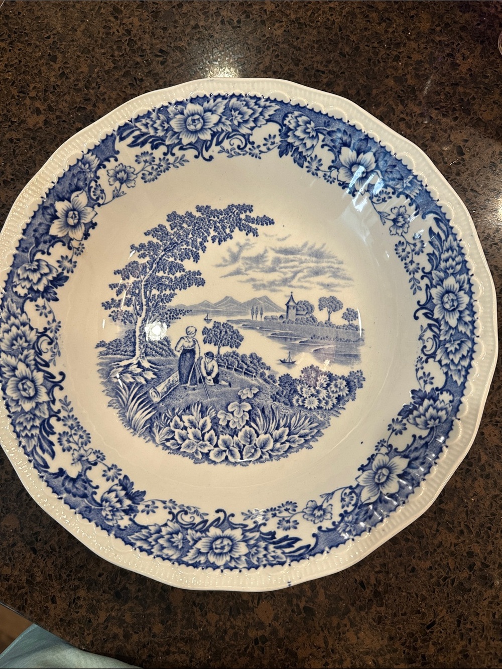 Vintage Blue and White Scenic Ceramic Serving Bowl - Classic Transferware